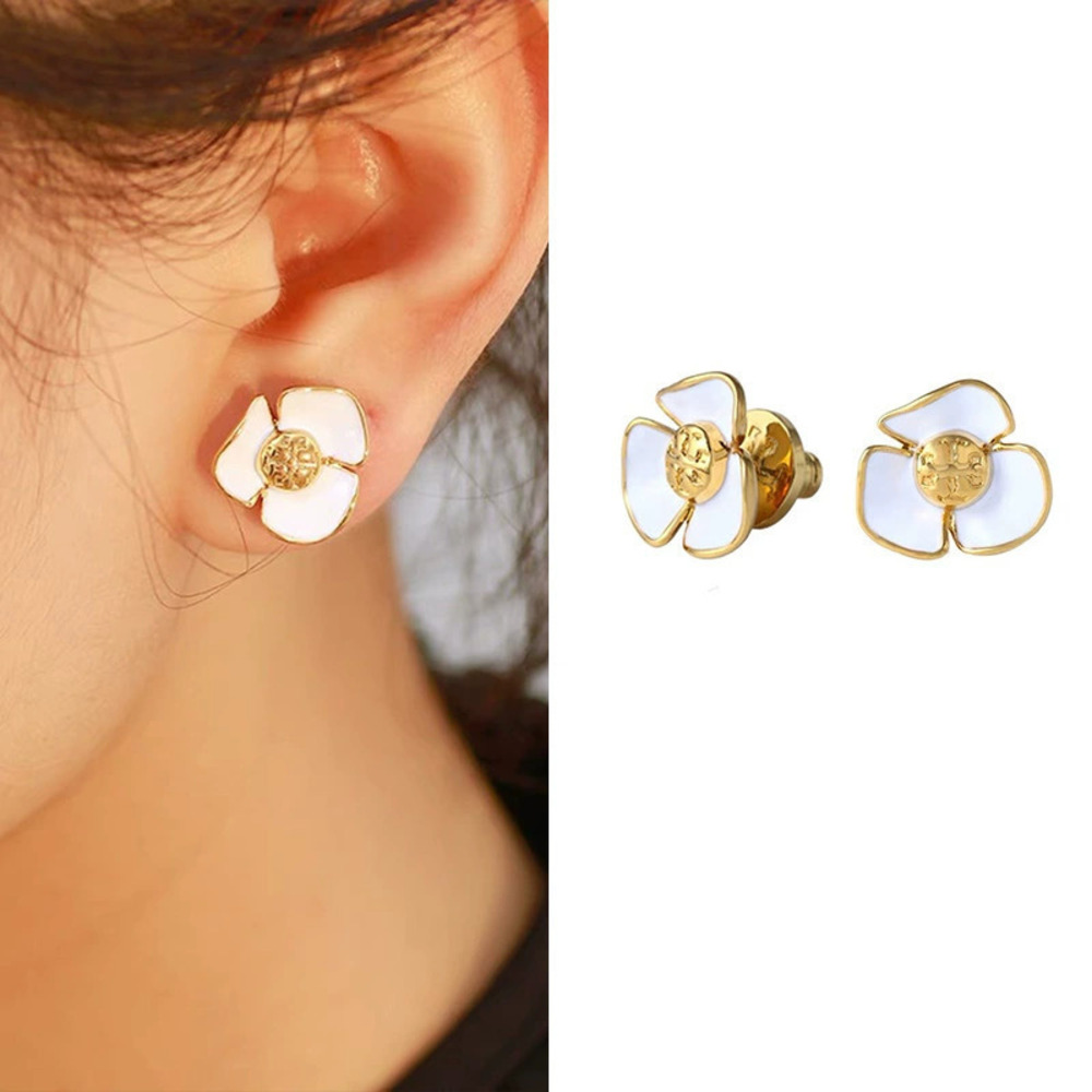 Tory Burch Gold Plated Double Camellia Enamel Stud Earrings